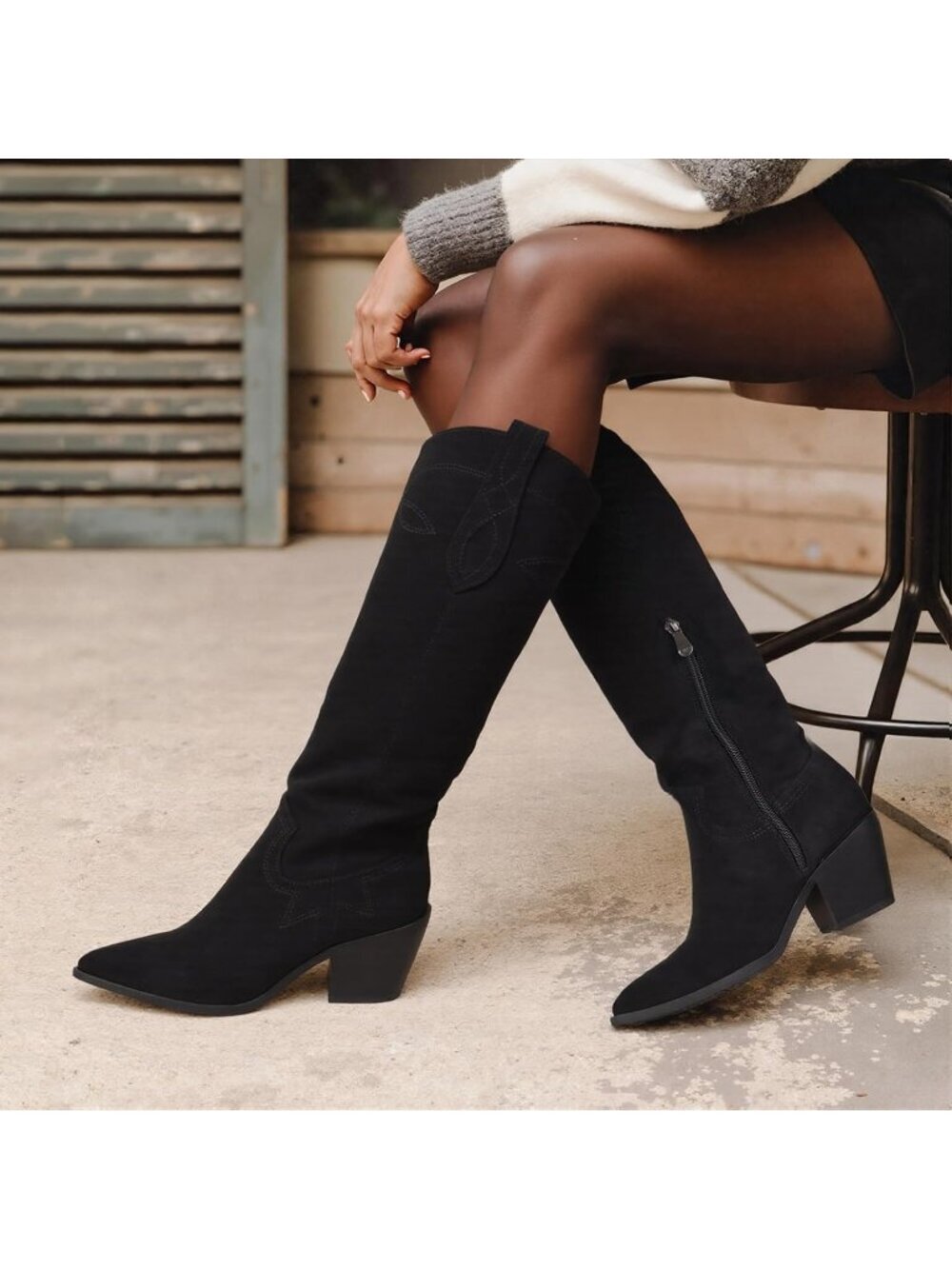 Women Black Knee High Cowboy Western Pointed Toe Block Heel Long Boot